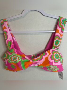 Bingo Surf Floral Stretch Bikini Top Pink Orange Green Wide Strap  XL  NWT New